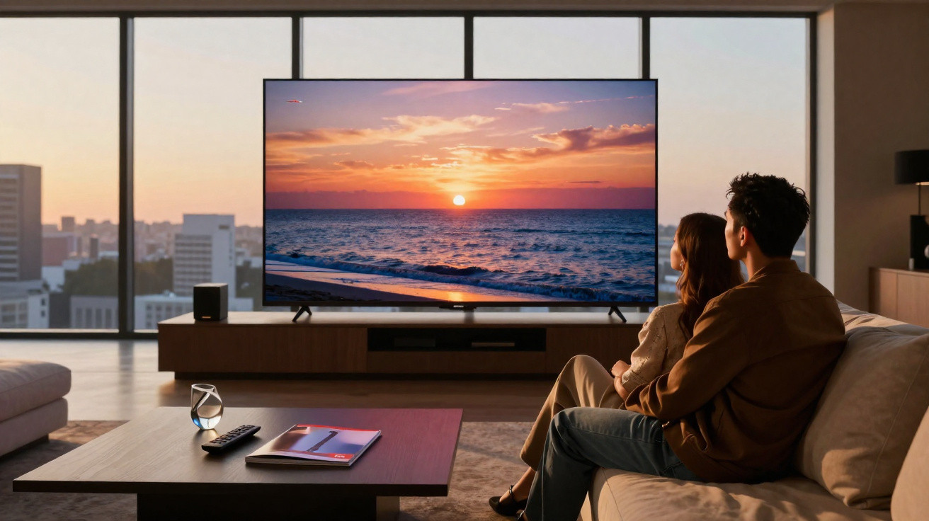 Casal sentado no sofá a assistir ao pôr do sol na televisão numa sala moderna com vista para a cidade.