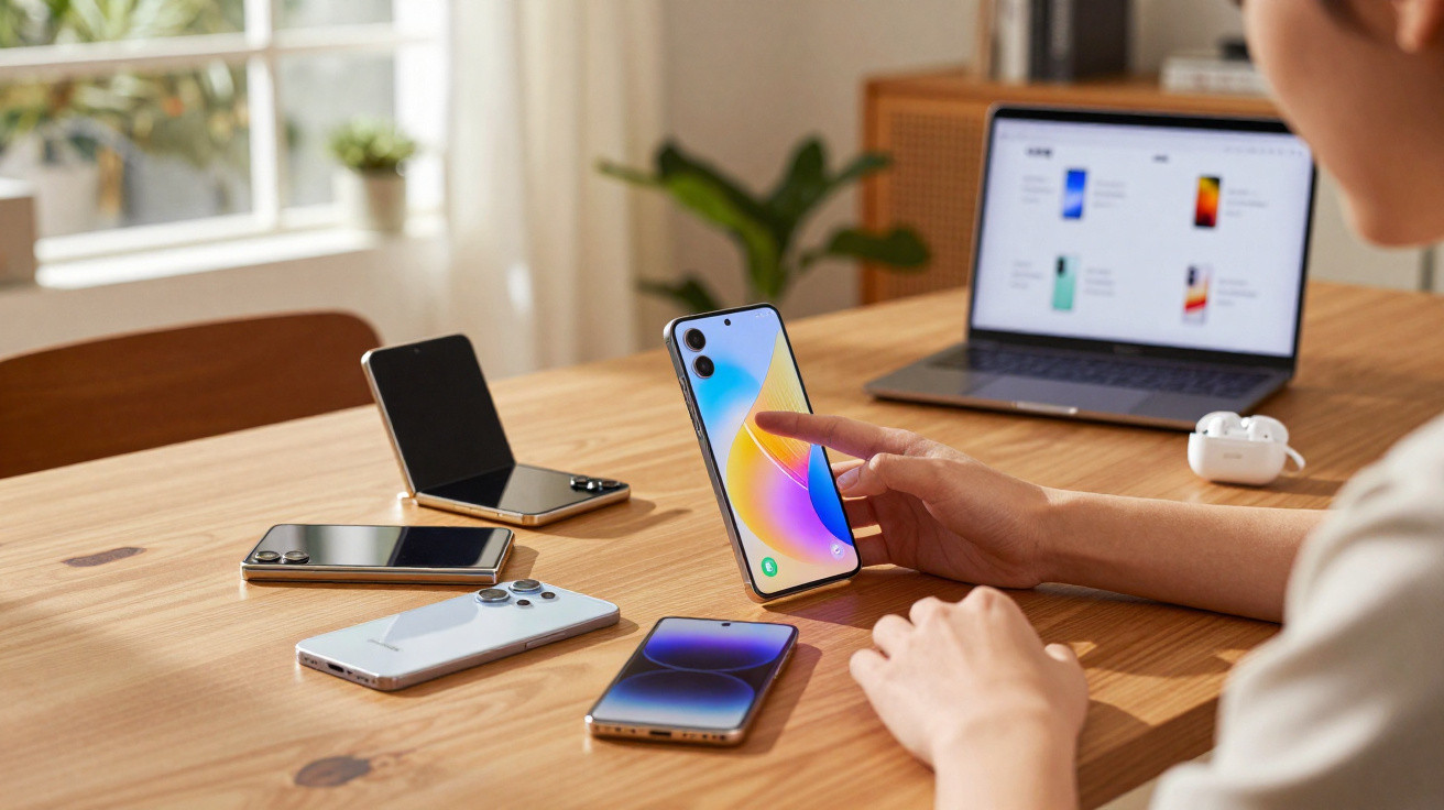 Pessoa a usar smartphone junto a vários modelos de telemóveis e portátil sobre mesa de madeira clara.