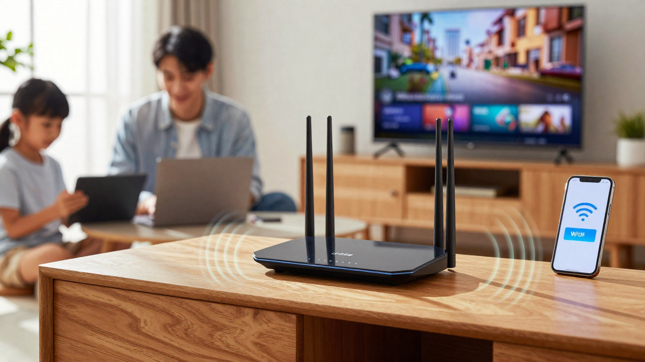Roteador Wi-Fi a emitir sinal numa mesa de madeira com criança e adulto a usar dispositivos digitais ao fundo.