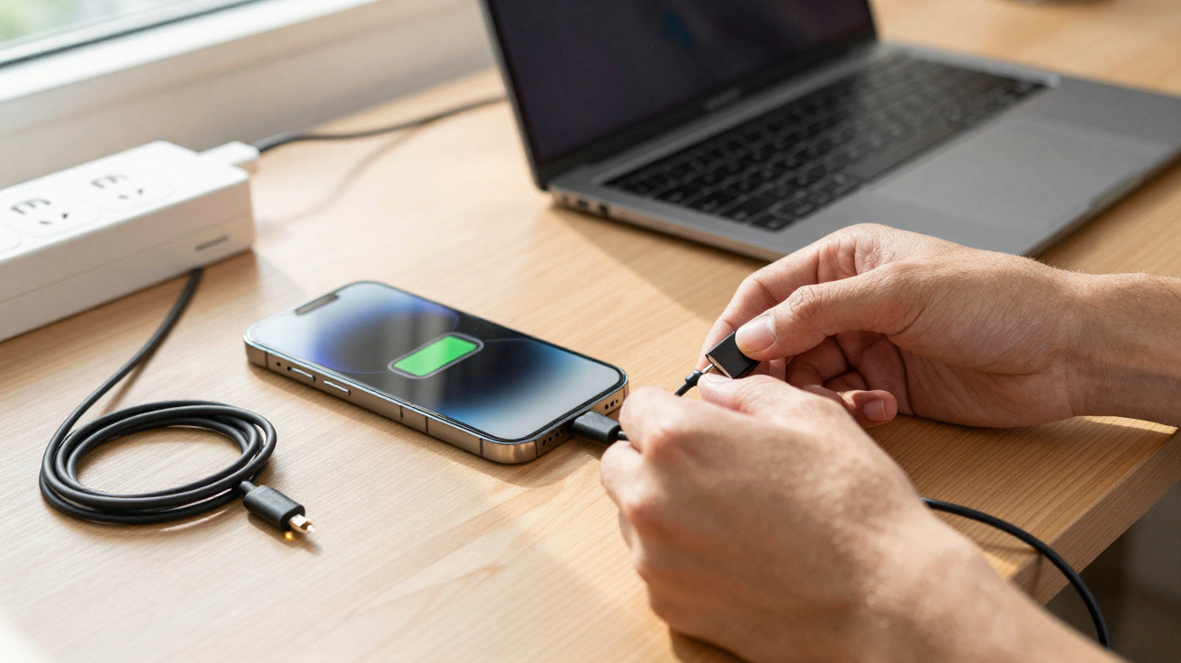 Pessoa a ligar cabo USB para carregar telemóvel com indicador de bateria verde numa secretária com portátil.
