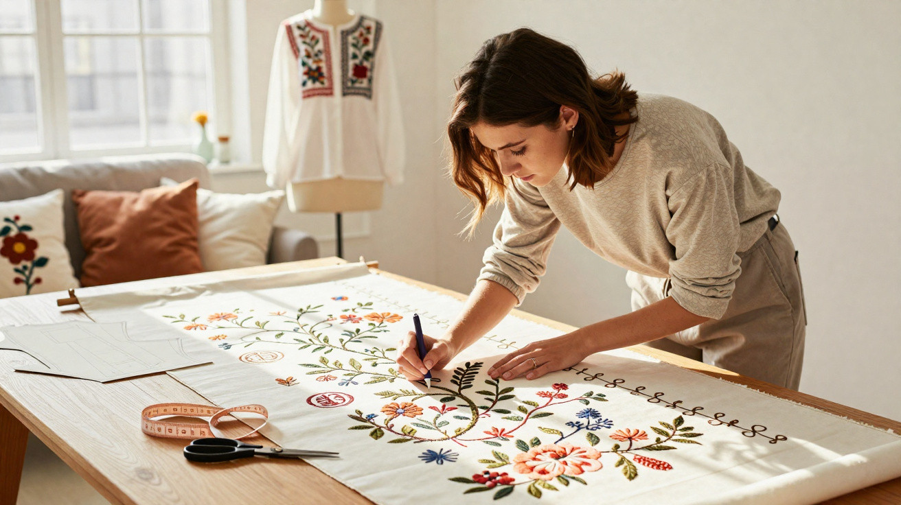 Mulher bordando manualmente padrões florais coloridos em tecido branco estendido numa mesa de madeira.