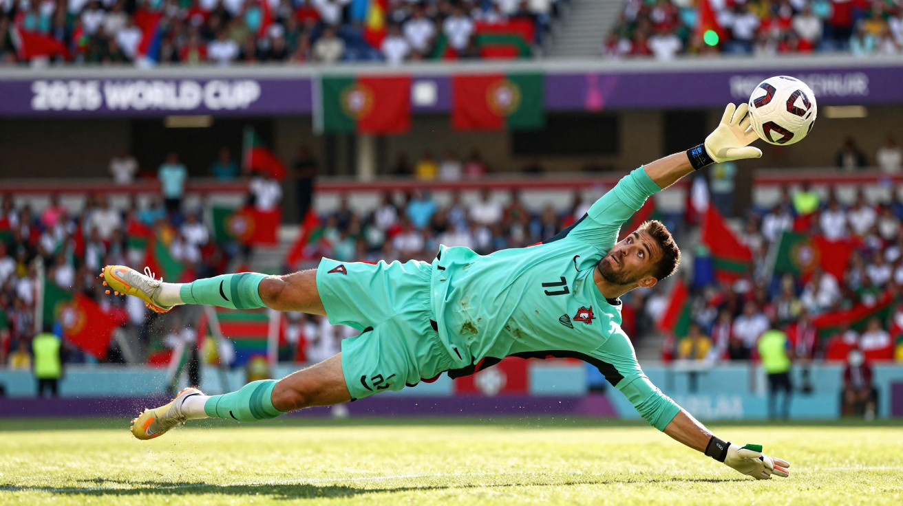 Guarda-redes português a saltar para defender a bola durante um jogo de futebol da Taça do Mundo 2025.