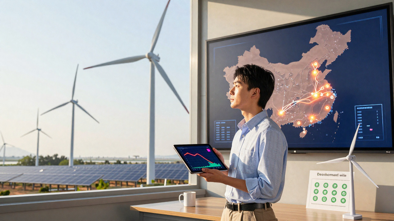 Homem com tablet observa turbinas eólicas e painel digital com mapa e dados de energia renovável.