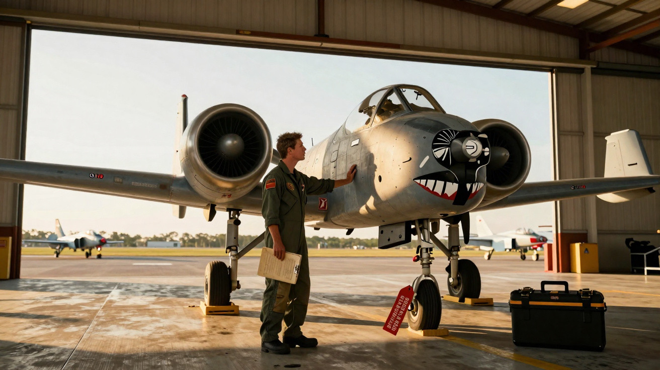 Piloto em uniforme toca na fuselagem de avião A-10 com rosto pintado em hangar de aeroporto militar ao pôr do sol.