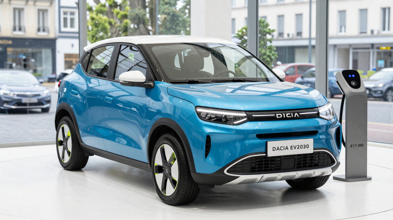 Carro elétrico azul Dacia EV2030 em exposição, com posto de carregamento ao lado, em espaço urbano.