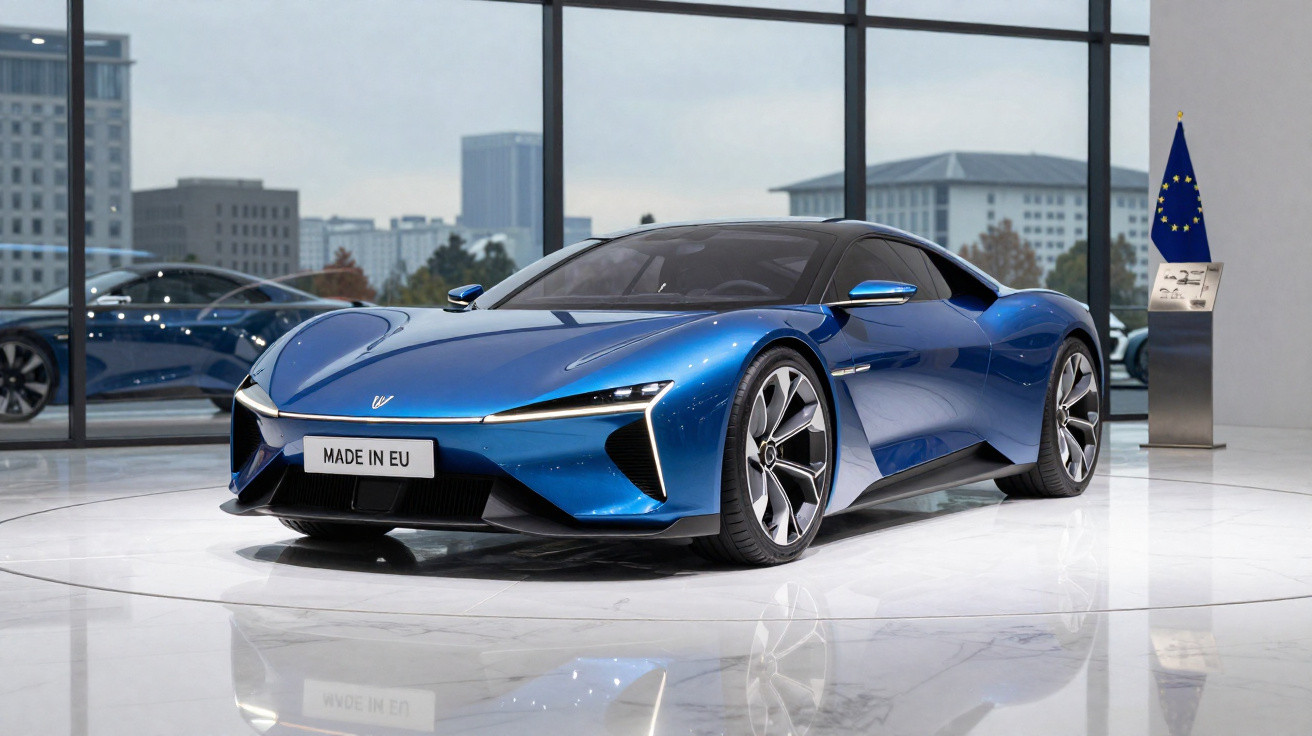 Carro desportivo elétrico azul com design futurista exposto em sala moderna com vidros amplos.