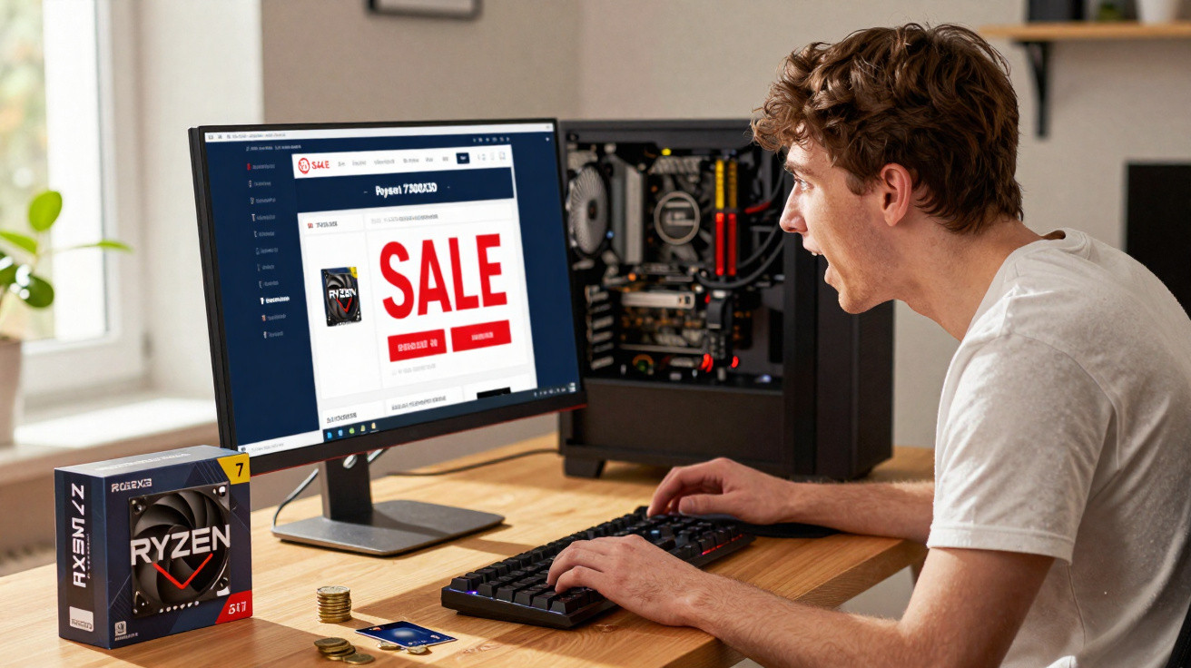 Homem animado vê oferta de processador Ryzen à venda no ecrã de computador numa secretária doméstica.