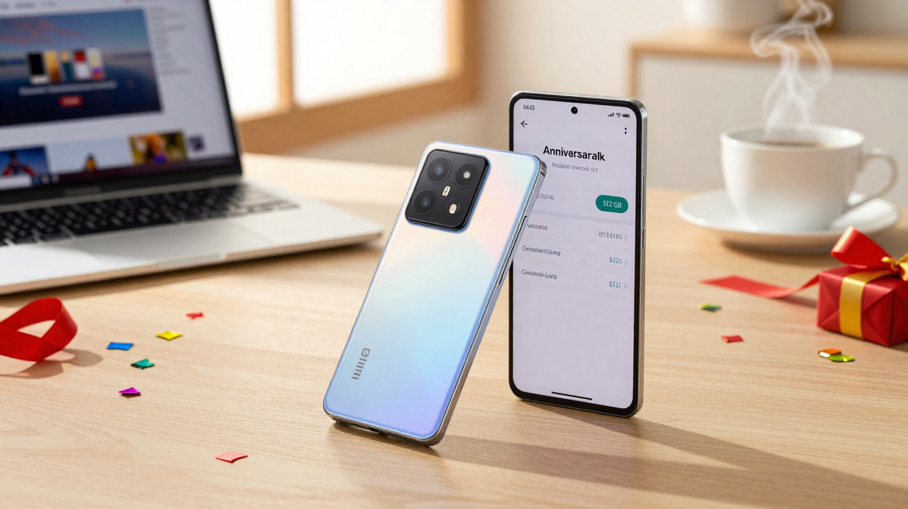 Dois smartphones sobre mesa de madeira com portátil, chá fumegante e caixa de presente vermelha ao fundo.