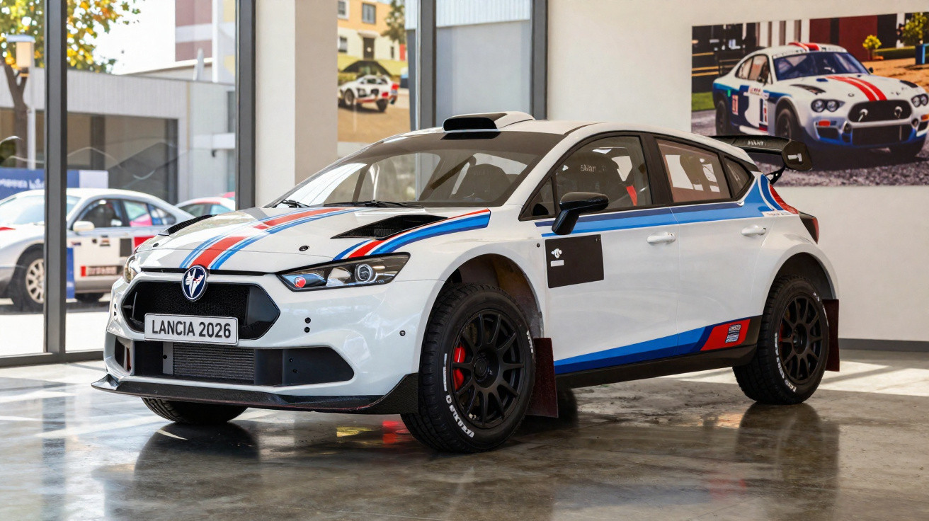 Carro de rali Lancia 2026 branco com faixas azuis e vermelhas exposto numa garagem.