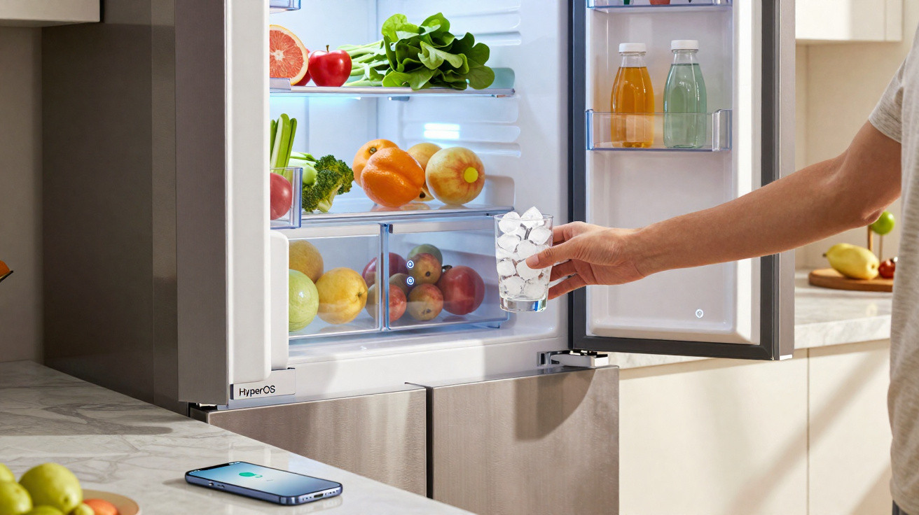 Mão a retirar copo com gelo de frigorífico aberto com frutas, verduras e bebidas, telemóvel na bancada.