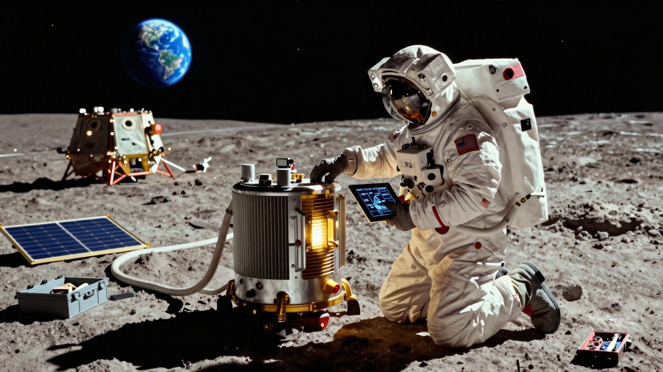 Astronauta na superfície lunar a operar equipamento científico com a Terra ao fundo no espaço.