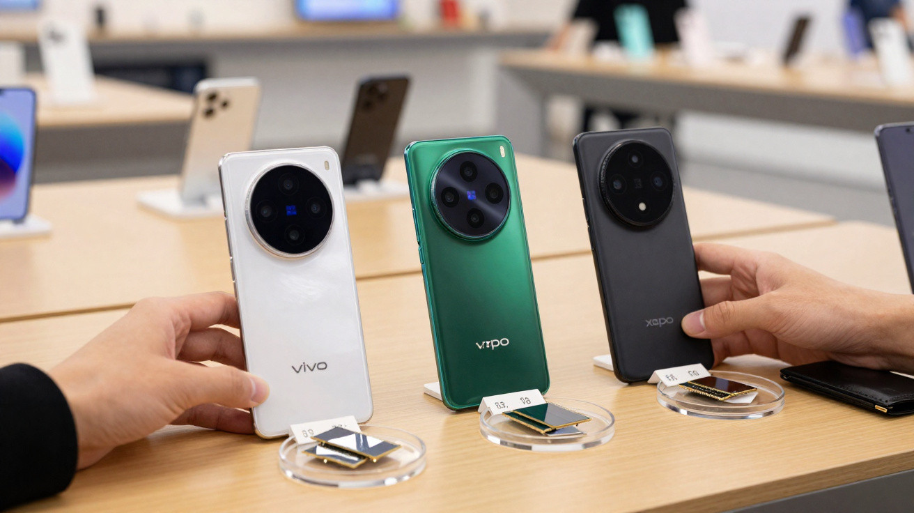Três smartphones de diferentes marcas em exposição numa loja, com duas mãos a pegar nos telemóveis branco e preto.