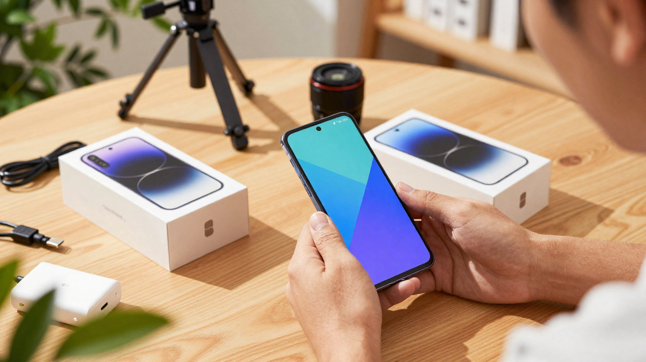 Pessoa a segurar smartphone azul com dois telemóveis novos em caixas sobre mesa de madeira.