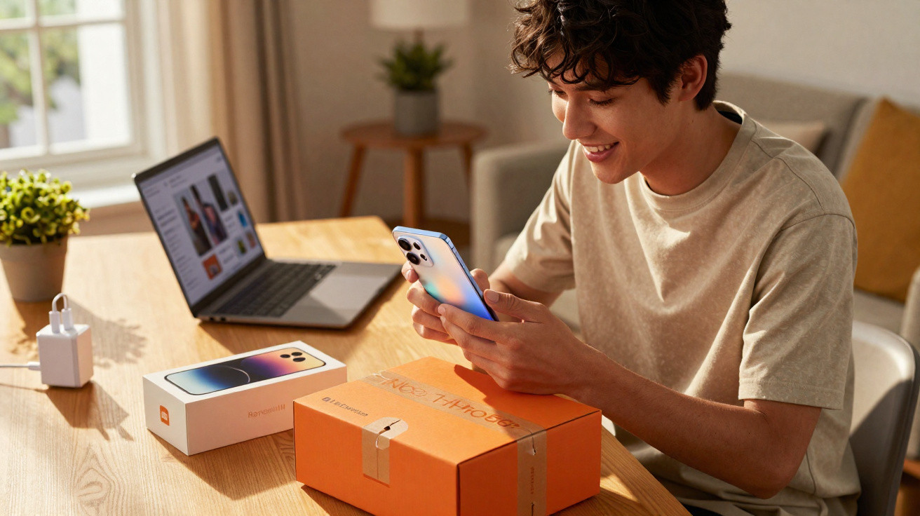 Jovem sentado à mesa a desembrulhar um smartphone novo, com portátil e plantas no fundo.