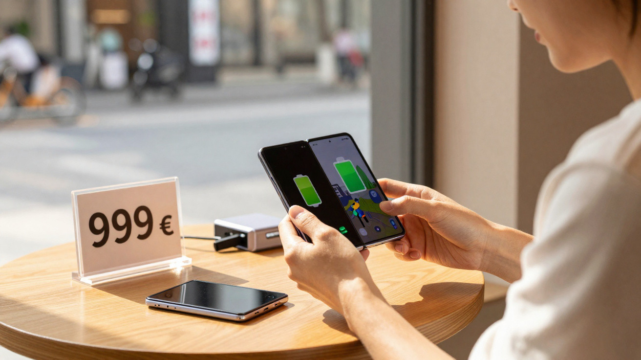 Pessoa a segurar e usar smartphone dobrável numa mesa com outro smartphone e placa de preço de 999 euros.