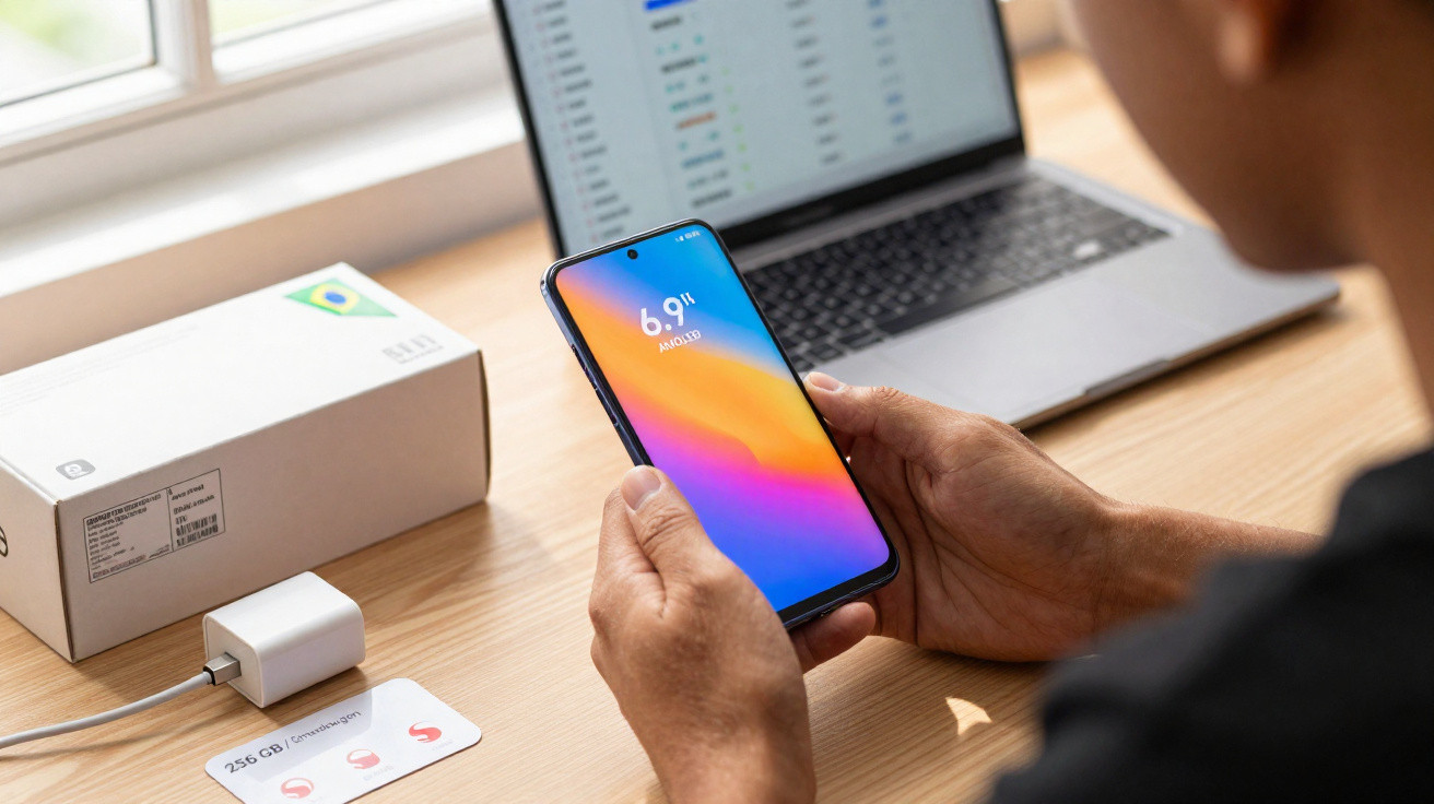 Pessoa a segurar smartphone com ecrã de 6,9" AMOLED, laptop aberto e carregador numa secretária de madeira.