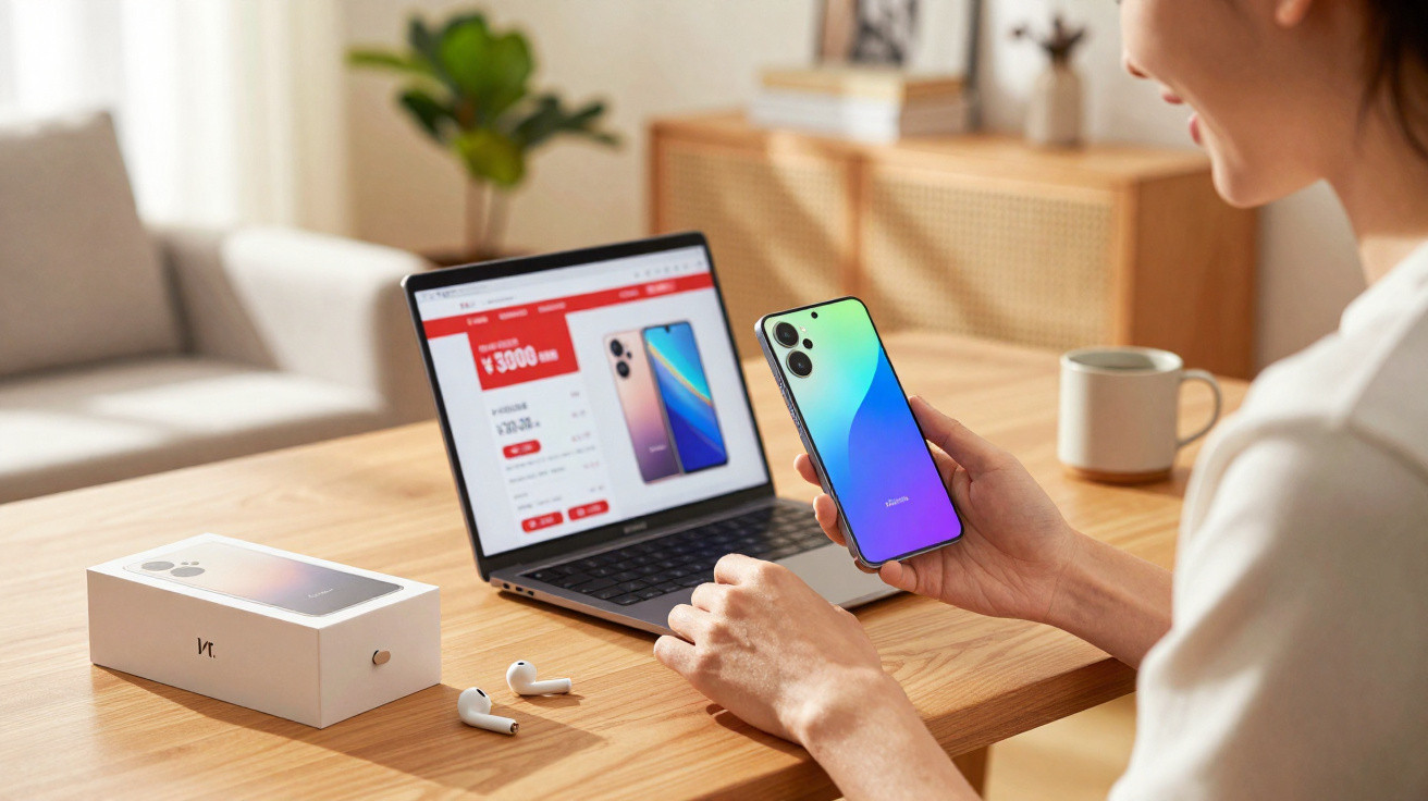 Pessoa segura smartphone colorido junto a computador portátil com loja online aberta numa secretária de madeira.