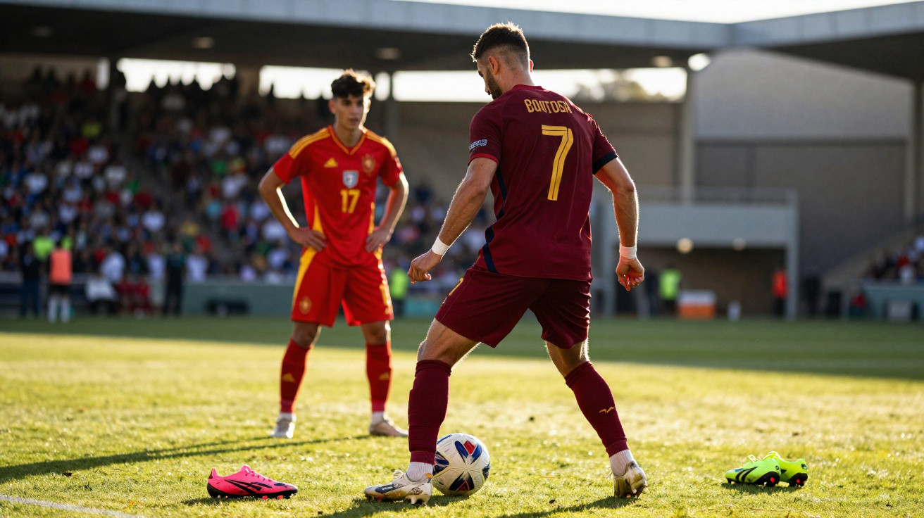 Jogador de futebol com a camisola nº 7 prepara-se para bater um pontapé durante jogo com adversário em campo.