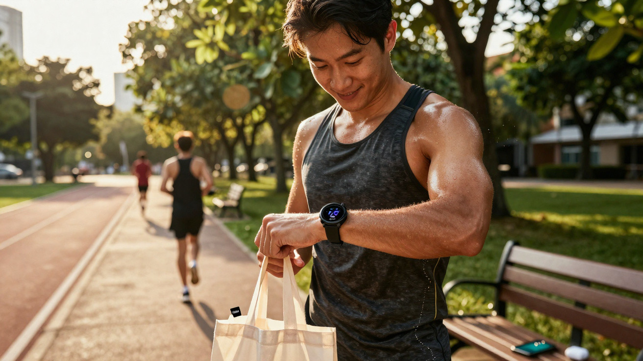 Homem a correr num parque a ver as calorias queimadas no relógio desportivo, de saco na mão.