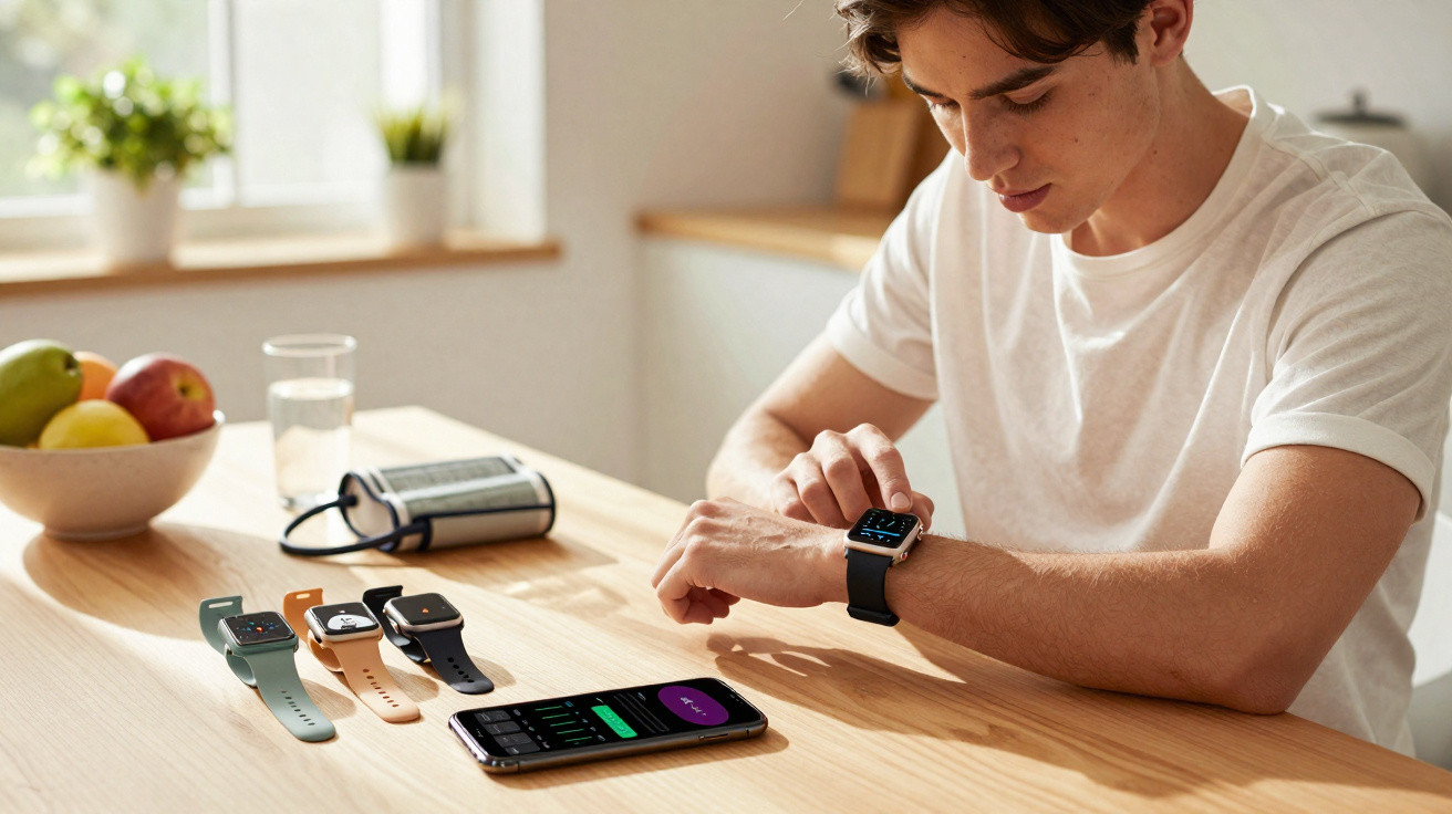 Jovem branco sentado numa mesa a medir sinais vitais com smartwatch e smartphone, perto de tensiómetro e três relógios.