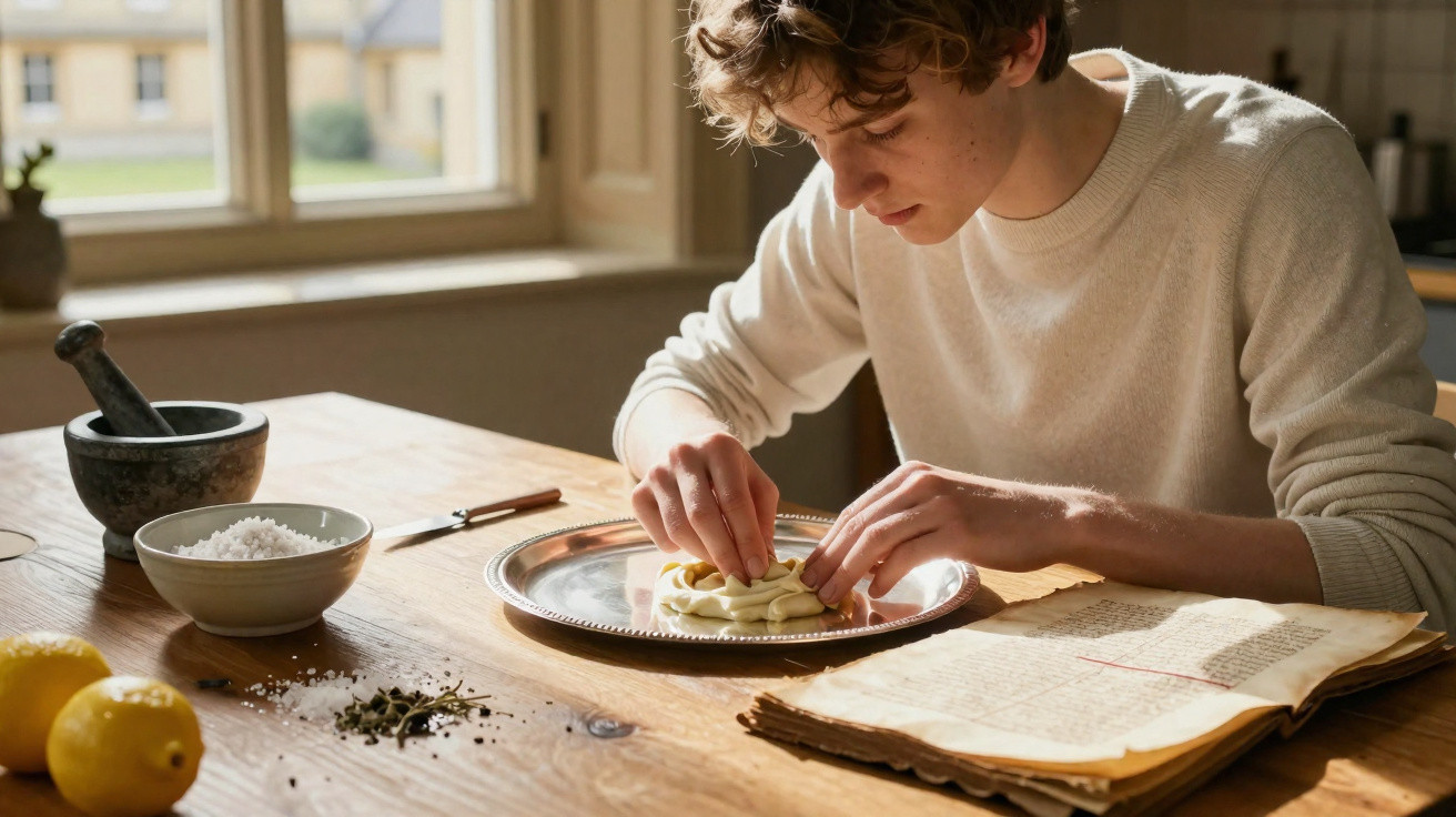 Jovem prepara prato com atenção numa cozinha, com livros antigos e ingredientes sobre a mesa de madeira.