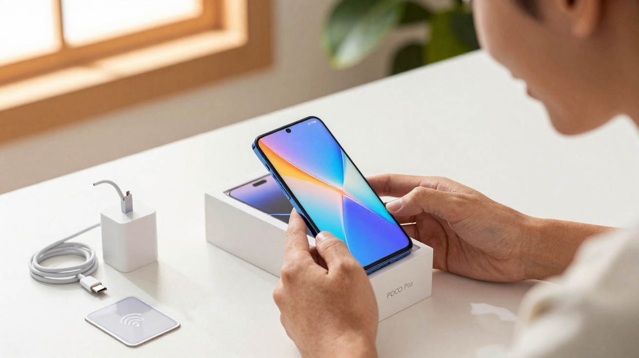 Pessoa segura smartphone POCO Pro azul, com caixa, carregador e cabo sobre mesa branca.