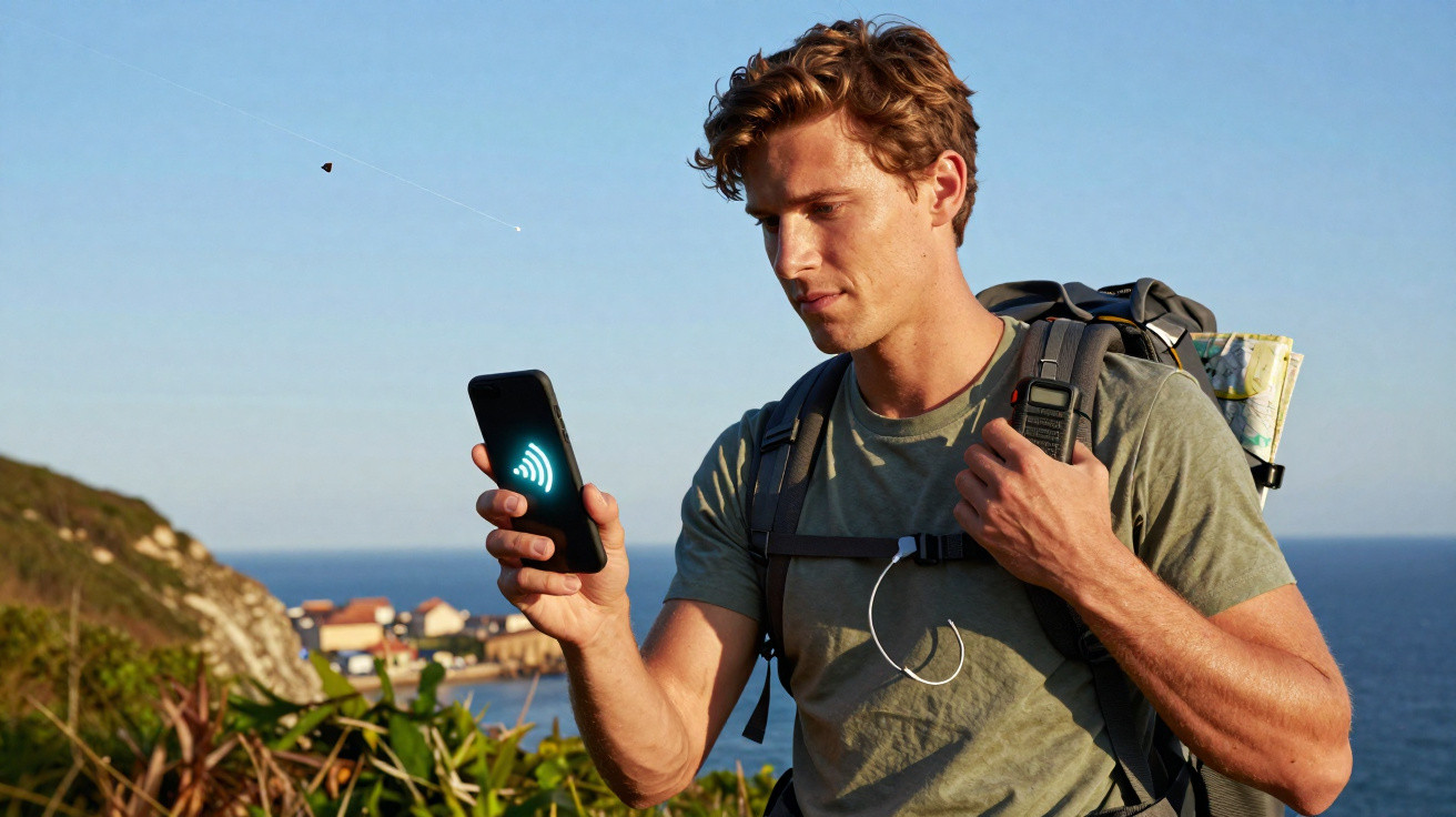 Jovem com mochila de caminhada a usar telemóvel numa paisagem costeira ensolarada com mar ao fundo.