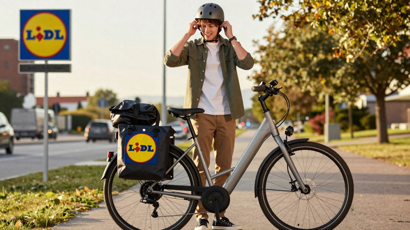 Homem a colocar capacete ao lado de bicicleta com saco Lidl numa rua com placa da marca ao fundo.