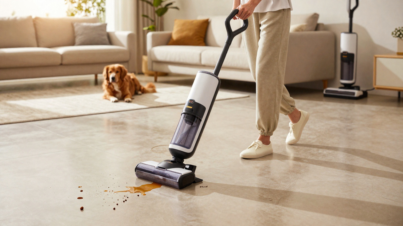 Pessoa a aspirar líquidos e detritos do chão com aspirador vertical num espaço de sala com sofá e cão ao fundo.