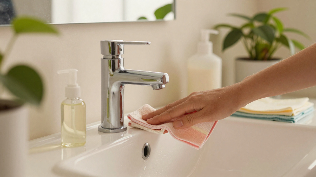 Pessoa a limpar uma pia branca de casa de banho com um pano rosa e branco, com plantas ao fundo.
