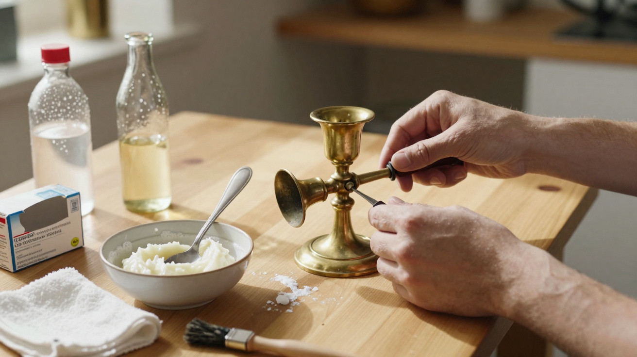 Mãos limpando um castiçal dourado com palito em mesa de madeira com utensílios de limpeza e um recipiente branco.