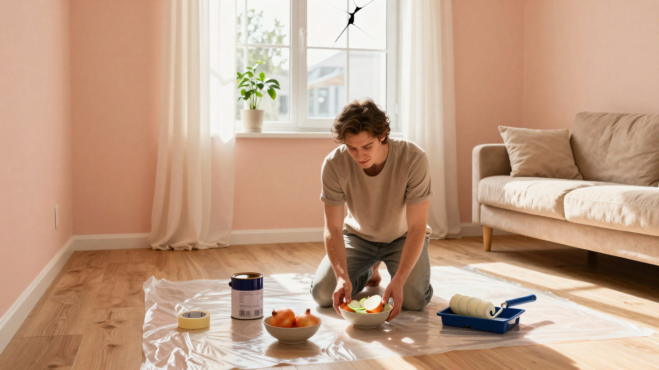 Homem ajoelhado prepara tintas para pintar numa sala com parede cor de rosa e sofá bege.