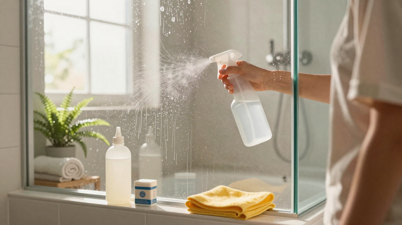 Pessoa a limpar vidro de chuveiro com spray de limpeza num banheiro iluminado com plantas e toalhas.