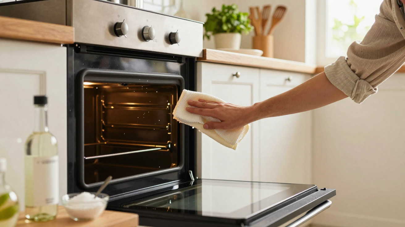 Pessoa a limpar o interior de um forno aberto numa cozinha moderna e iluminada.