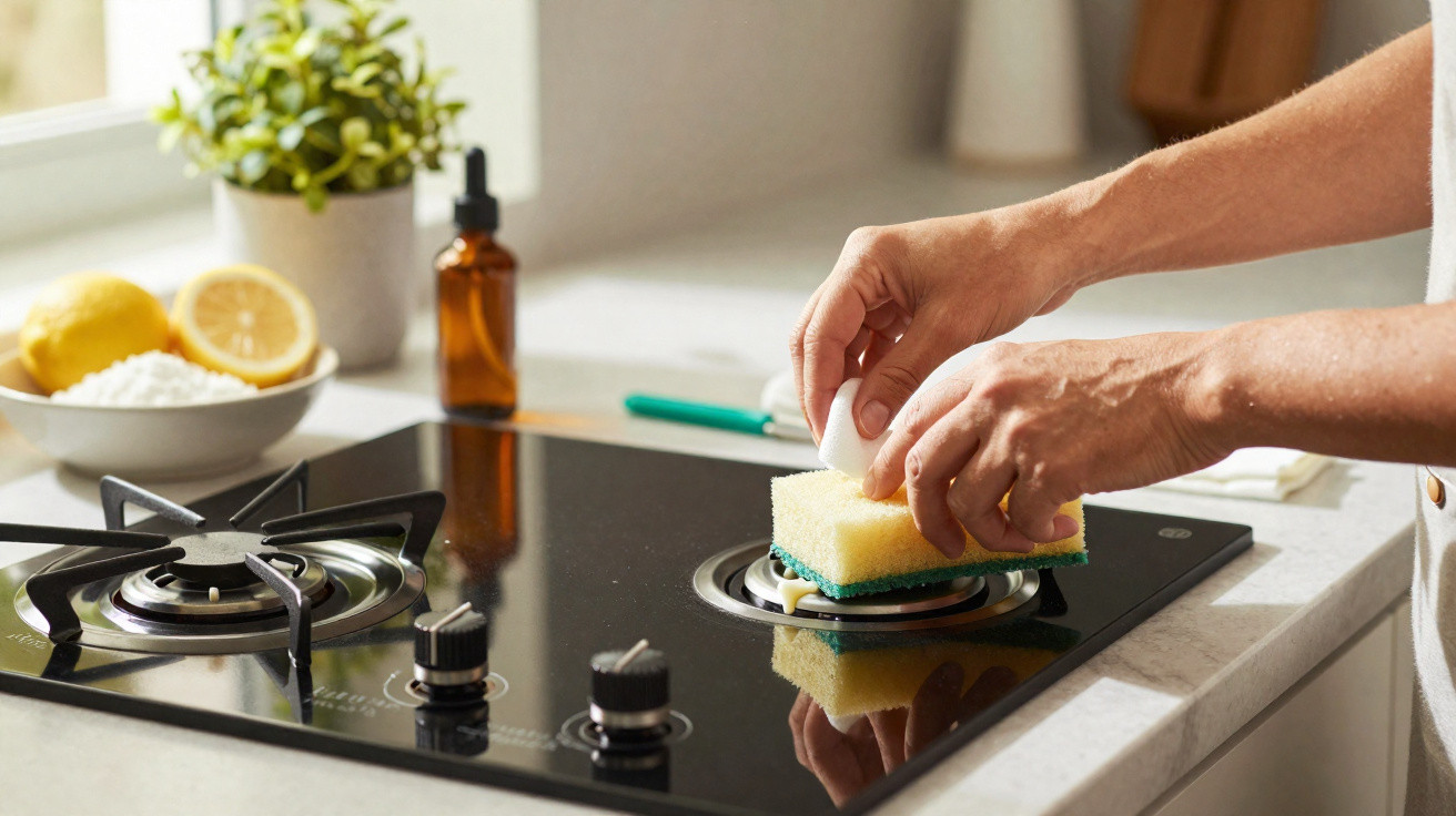 Pessoa a limpar fogão de gás com um esfregão amarelo numa cozinha moderna e luminosa.