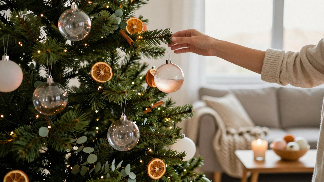 Pessoa a decorar árvore de Natal com bola transparente numa sala acolhedora e iluminada.
