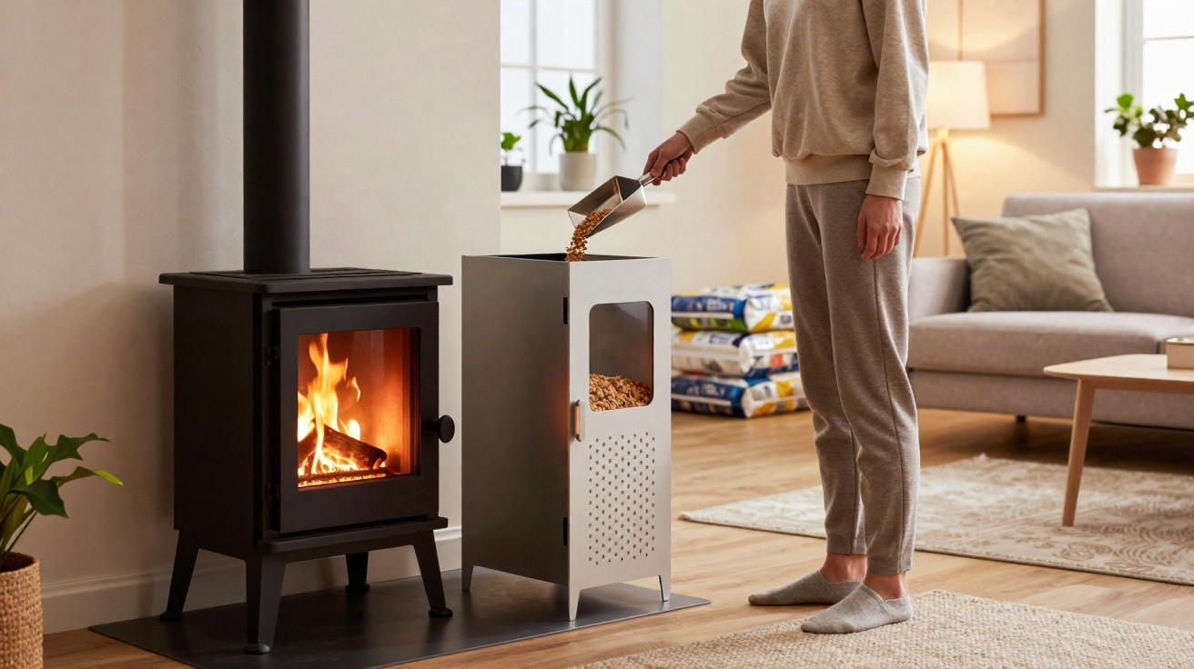 Pessoa a abastecer salamandra com pellets num ambiente acolhedor e moderno dentro de casa.