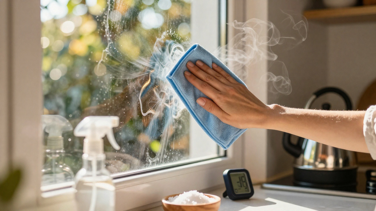Mão a limpar uma janela com um pano azul, com vapor e frasco de spray em cima de uma superfície interior.