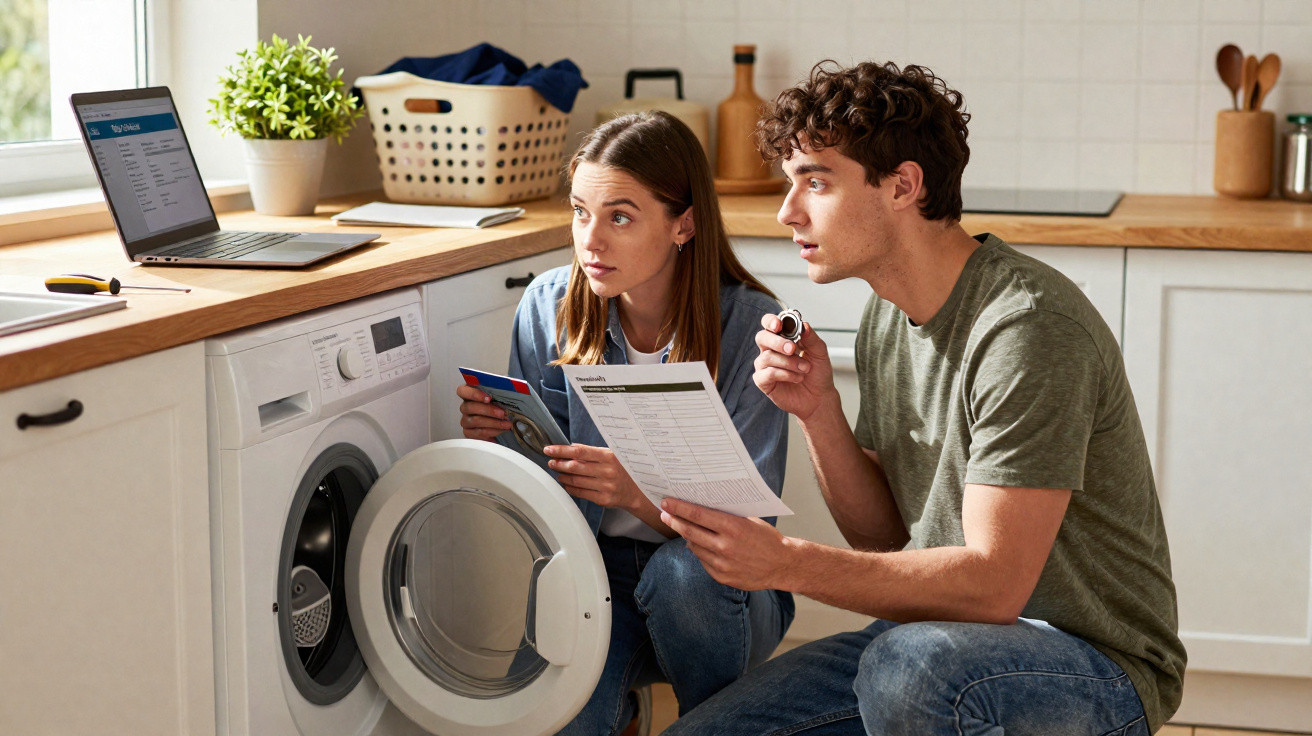 Jovem casal verifica instruções à frente de máquina de lavar roupa numa cozinha moderna.