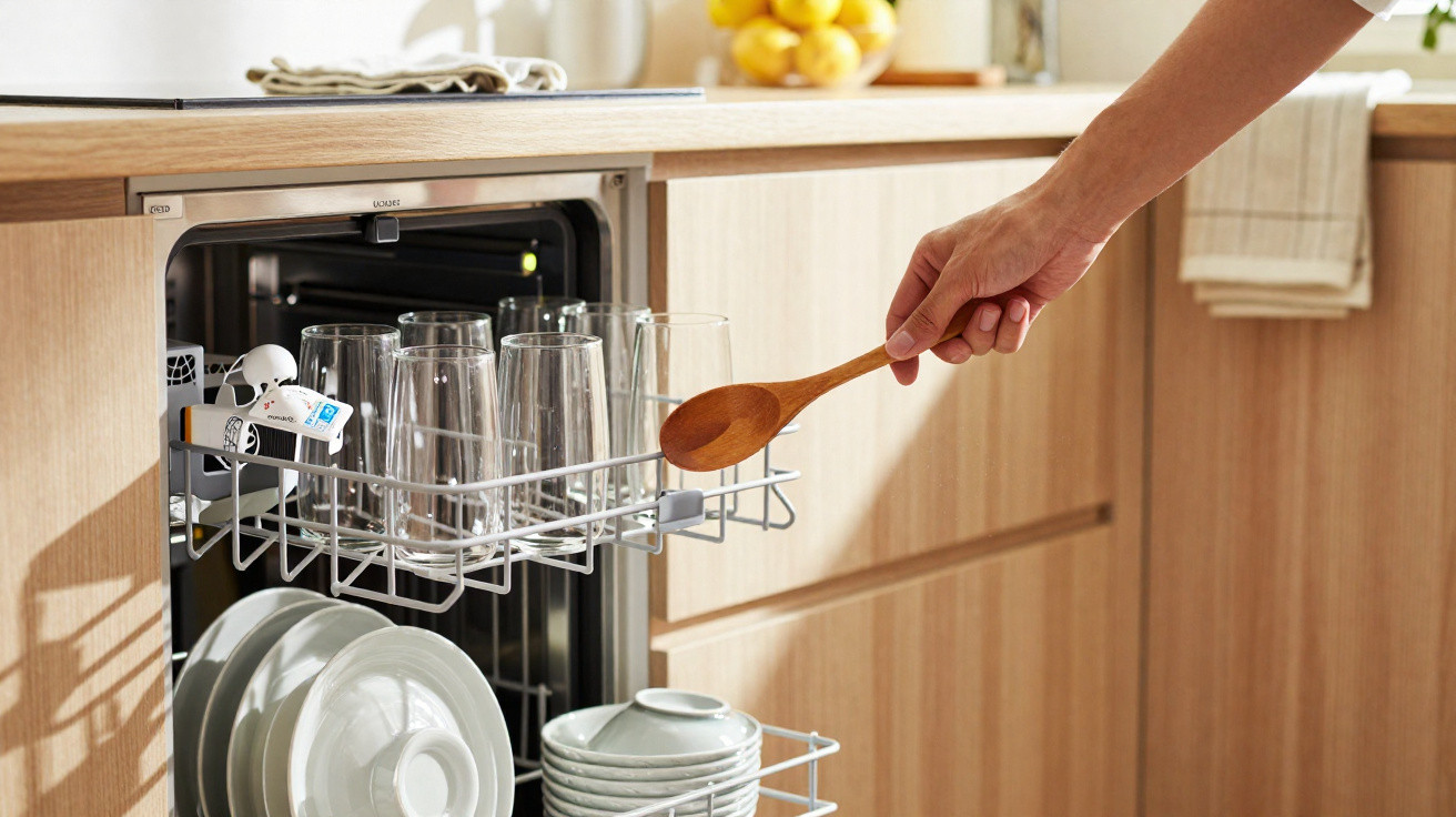 Pessoa a retirar colher de pau da máquina de lavar loiça com copos e pratos numa cozinha moderna.