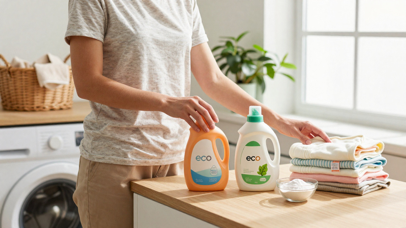 Pessoa a preparar detergentes ecológicos para lavar roupa num espaço de lavandaria bem iluminado.