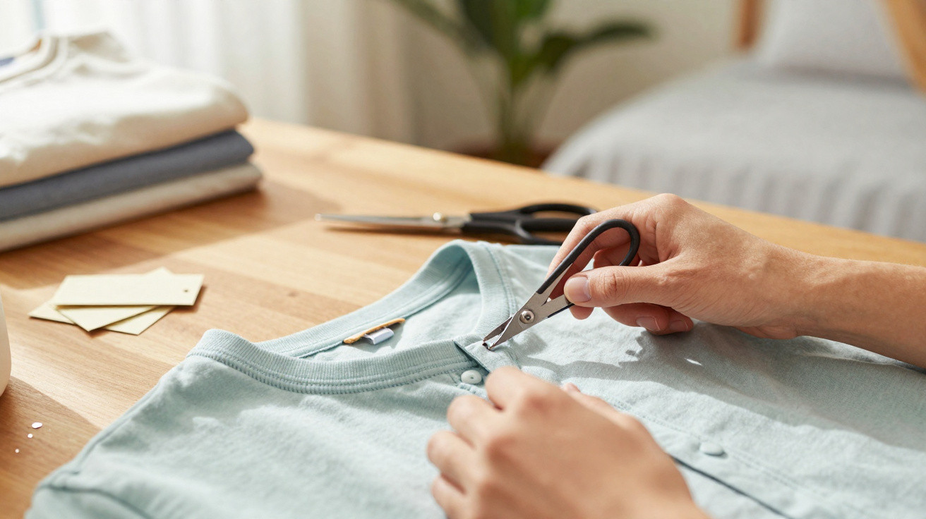 Mãos a desabotoar uma camisola azul clara com cortador de linha, em mesa de madeira com outras roupas dobradas.