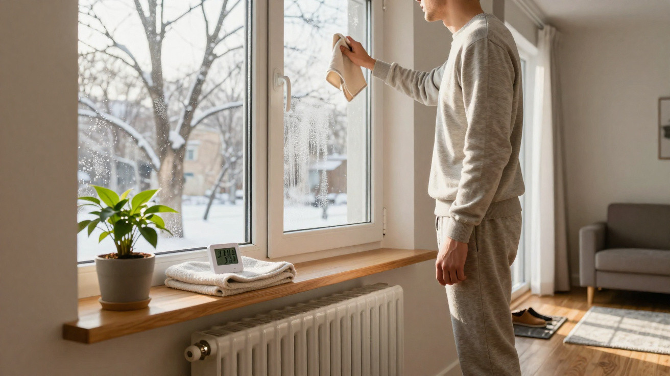 Homem a limpar condensação de uma janela numa sala com planta e termómetro digital na soleira.