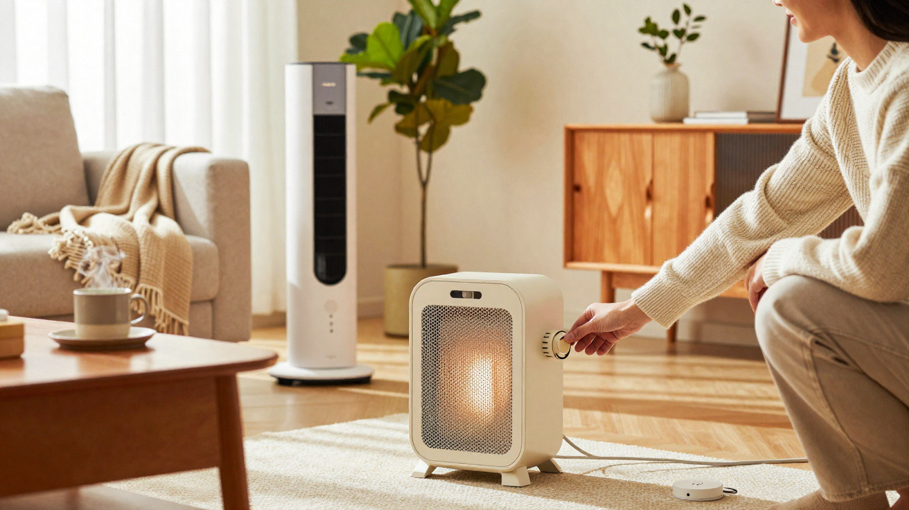 Pessoa ajusta aquecedor elétrico portátil num salão com móveis em madeira e planta verde.