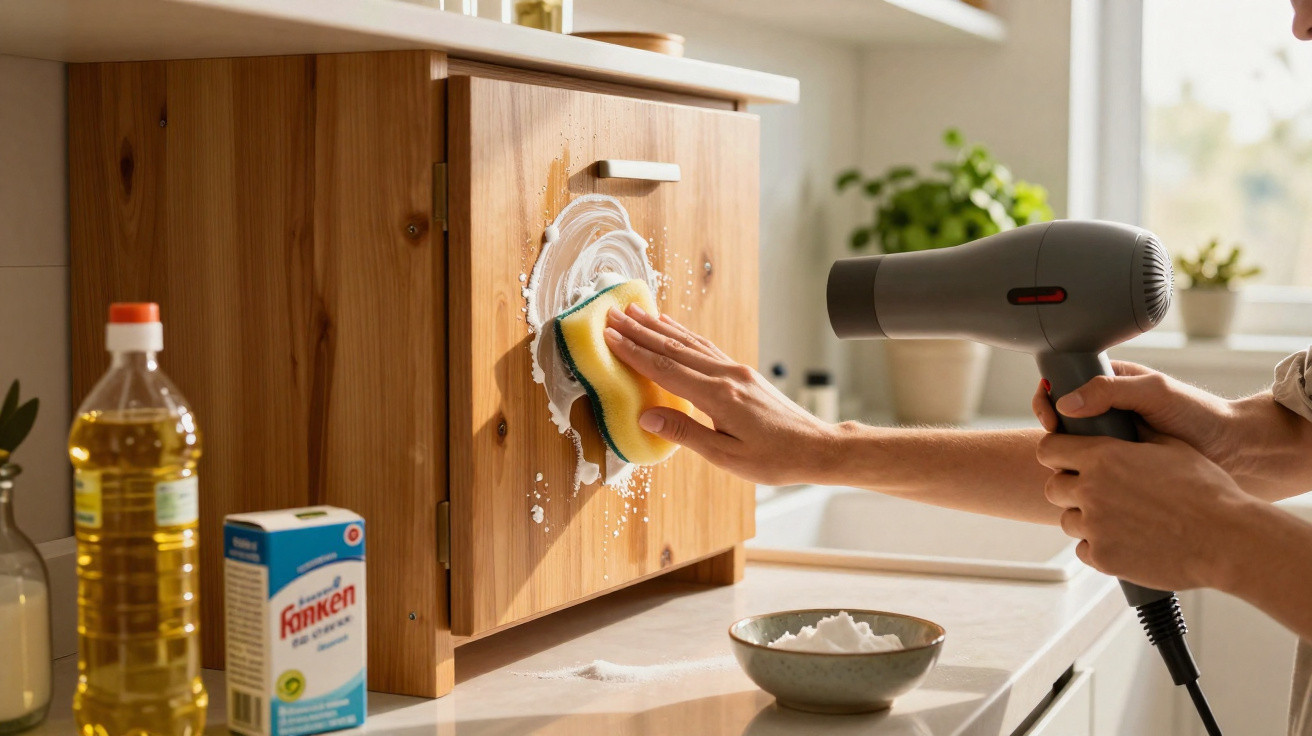 Pessoa limpa móvel de madeira na cozinha com esponja, produto de limpeza e secador de cabelo.