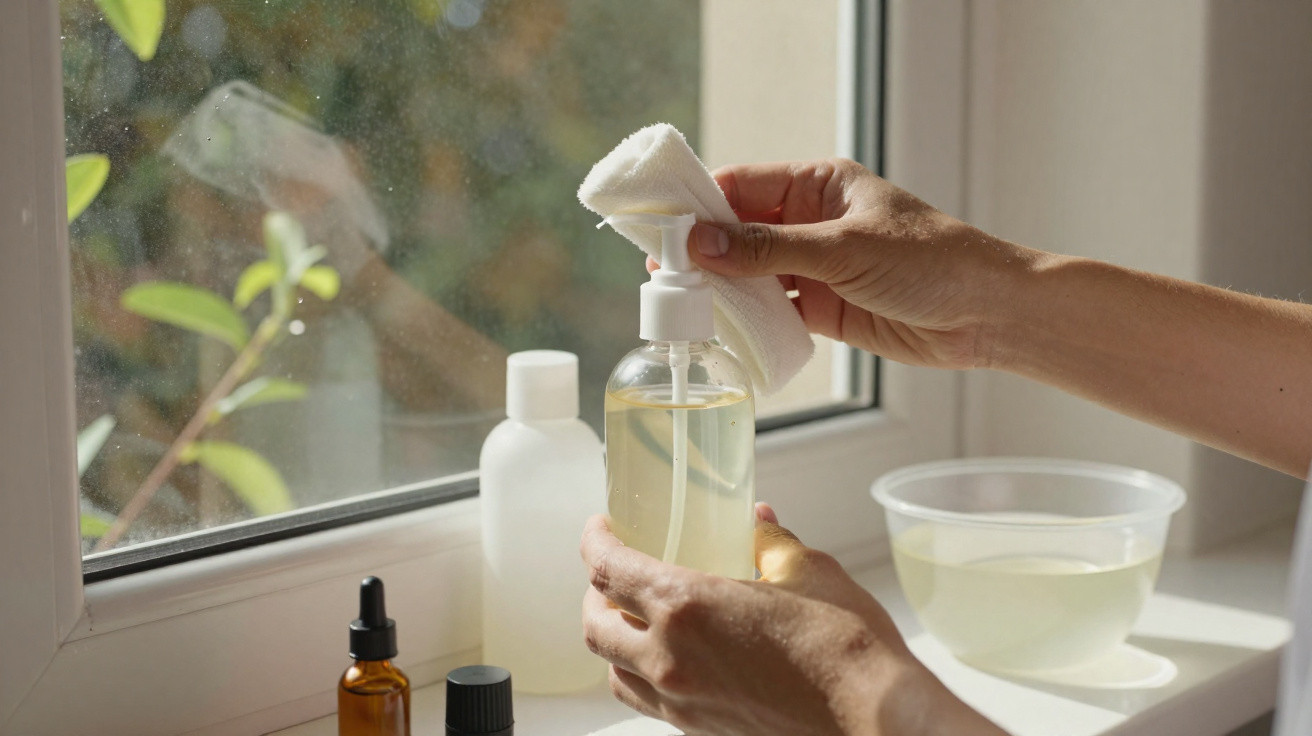 Pessoa a limpar uma bomba de dispenser transparente com um pano branco junto a uma janela.
