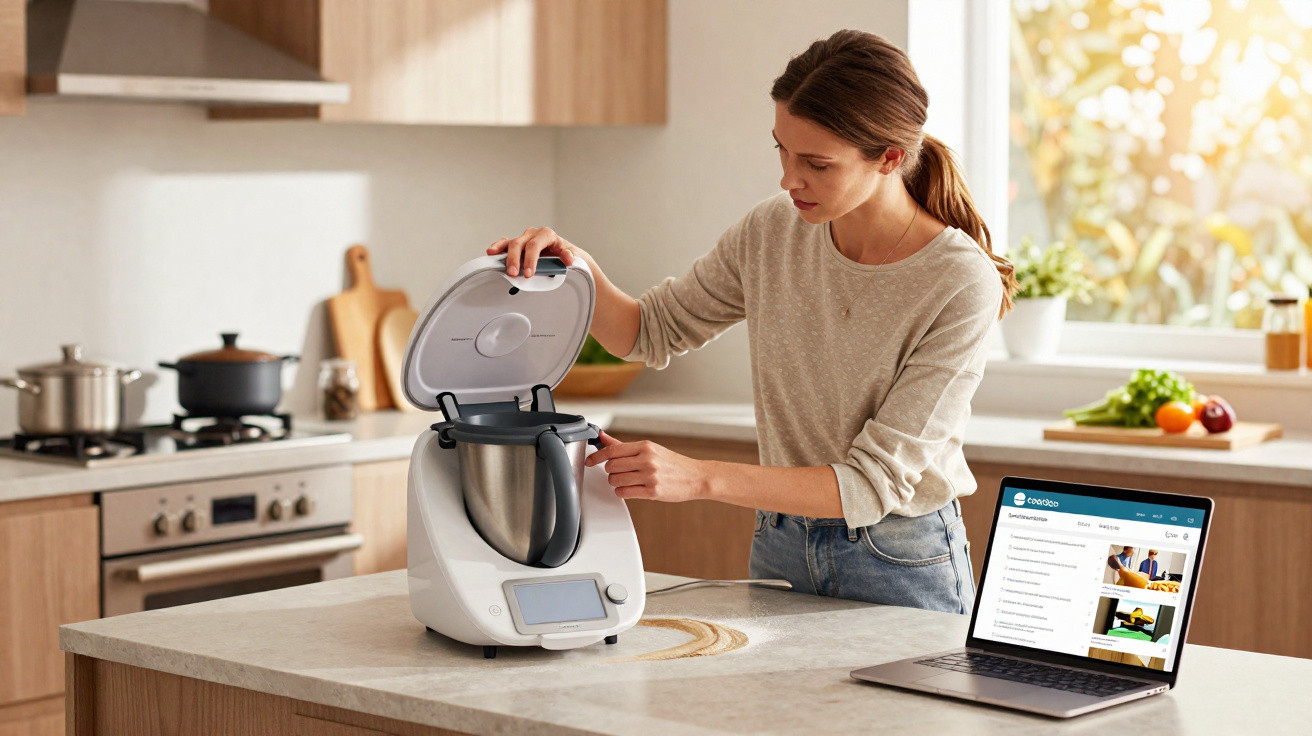 Mulher a usar robot de cozinha numa cozinha moderna com portátil aberto em bancada.