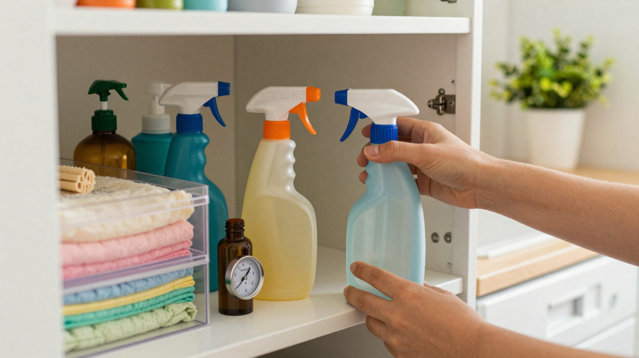 Mãos a pegar frasco de spray azul numa prateleira com produtos de limpeza e toalhas dobradas.