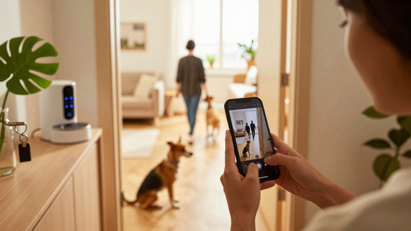 Pessoa a tirar foto com telemóvel a outra pessoa e cão numa sala iluminada e moderna.