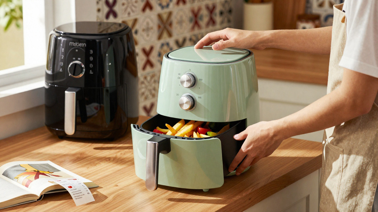 Pessoa a usar uma air fryer verde com legumes e batatas num balcão de cozinha iluminado pela janela.